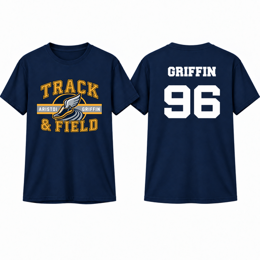 Track & Field Varsity Custom Name & Number 100% Cotton Tee — Navy mockup; centered front artwork, 10% smaller