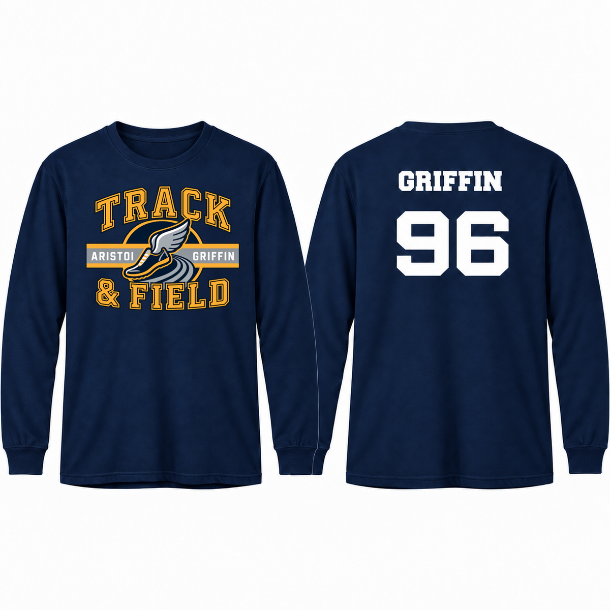 Track & Field Varsity Custom Name & Number 100% Cotton Long Sleeve Tee — Navy mockup; centered front artwork, 10% smaller