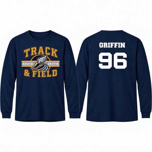 Track & Field Varsity Custom Name & Number Long Sleeve Performance Tee — Navy mockup; centered front artwork, 10% smaller
