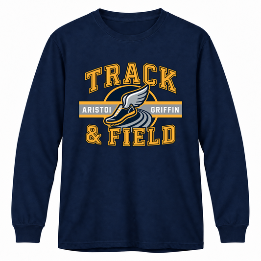 Track & Field Varsity Long Sleeve Performance Tee — Navy mockup; centered front artwork, 10% smaller