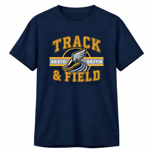 Track & Field Varsity Performance Tee — Navy mockup; centered front artwork, 10% smaller