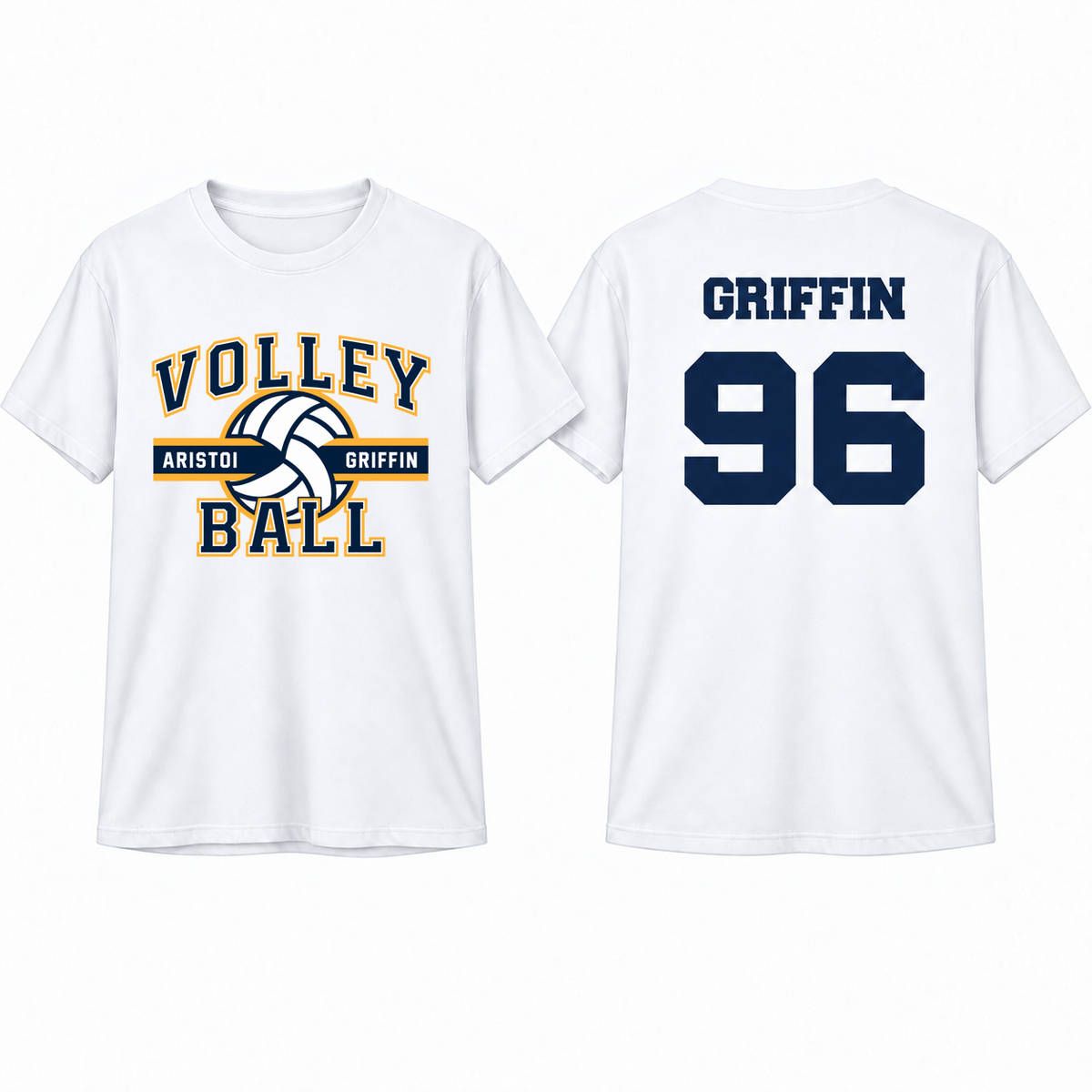 Volleyball Varsity Custom Name & Number 100% Cotton Tee — White mockup; centered front artwork, 10% smaller