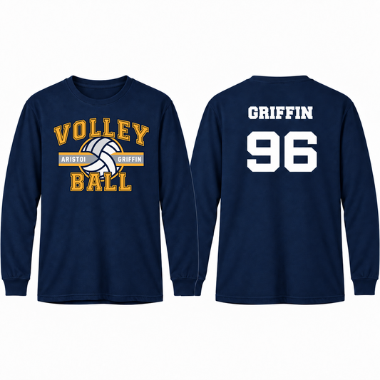 Volleyball Varsity Custom Name & Number Long Sleeve Performance Tee — Navy mockup; centered front artwork, 10% smaller