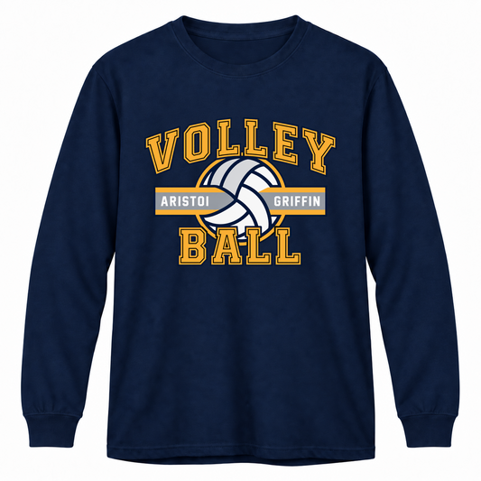 Volleyball Varsity Long Sleeve Performance Tee — Navy mockup; centered front artwork, 10% smaller