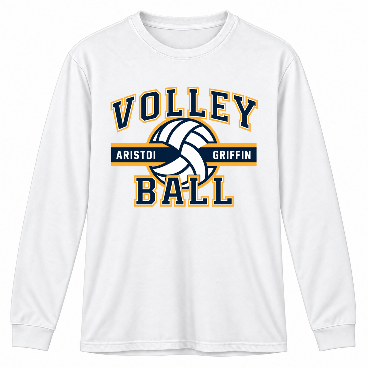 Volleyball Varsity Long Sleeve Performance Tee — White mockup; centered front artwork, 10% smaller