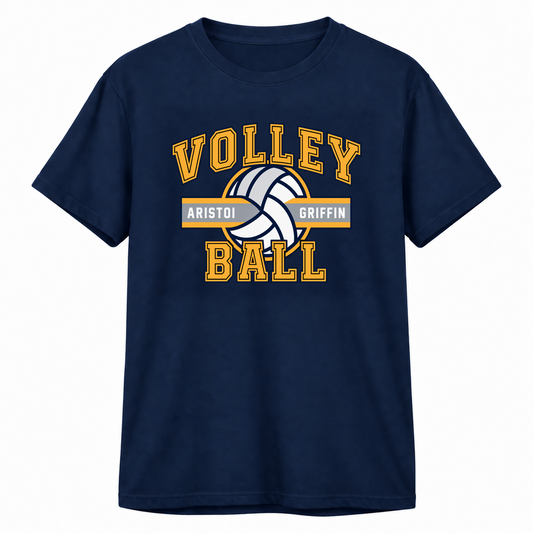 Volleyball Varsity Performance Tee — Navy mockup; centered front artwork, 10% smaller
