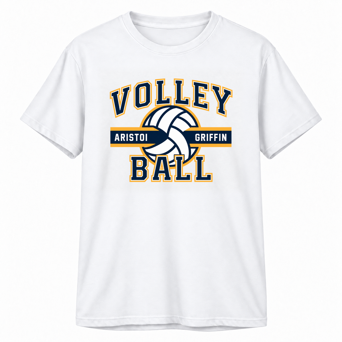 Volleyball Varsity Performance Tee — White mockup; centered front artwork, 10% smaller