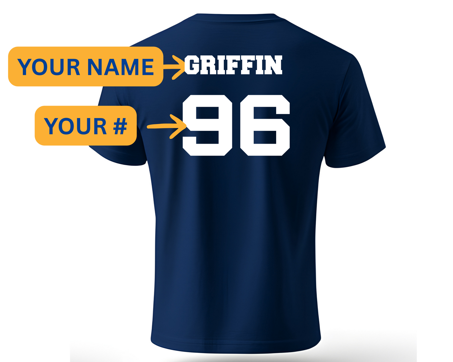 Customizable navy blue t-shirt shown from the back with white printed text and numbers. The graphic includes placeholder labels 'YOUR NAME' and 'YOUR #' with arrows pointing to the printed areas, and the name 'GRIFFIN' and number '96' are displayed on the shirt.