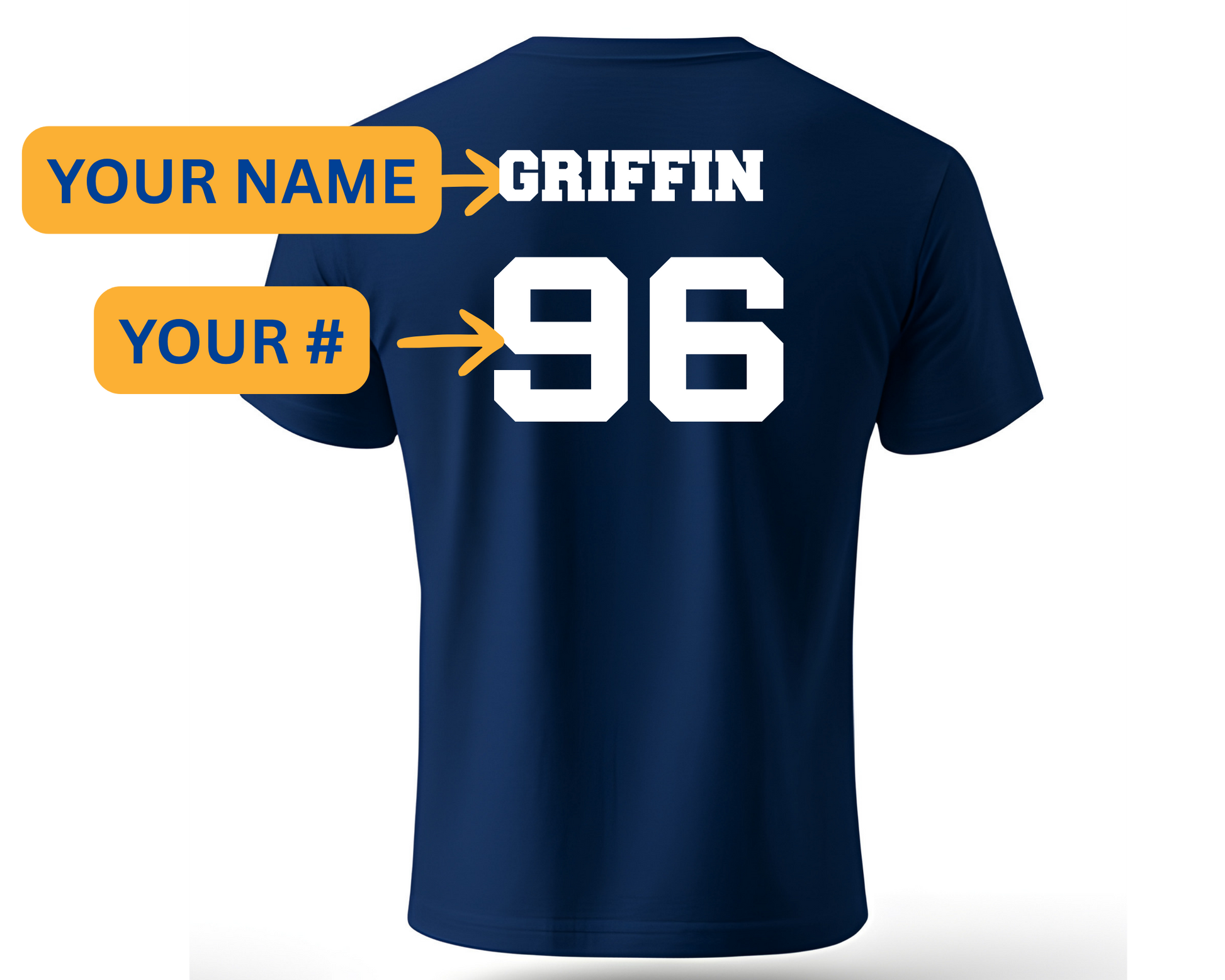 Customizable navy blue t-shirt shown from the back with white printed text and numbers. The graphic includes placeholder labels 'YOUR NAME' and 'YOUR #' with arrows pointing to the printed areas, and the name 'GRIFFIN' and number '96' are displayed on the shirt.