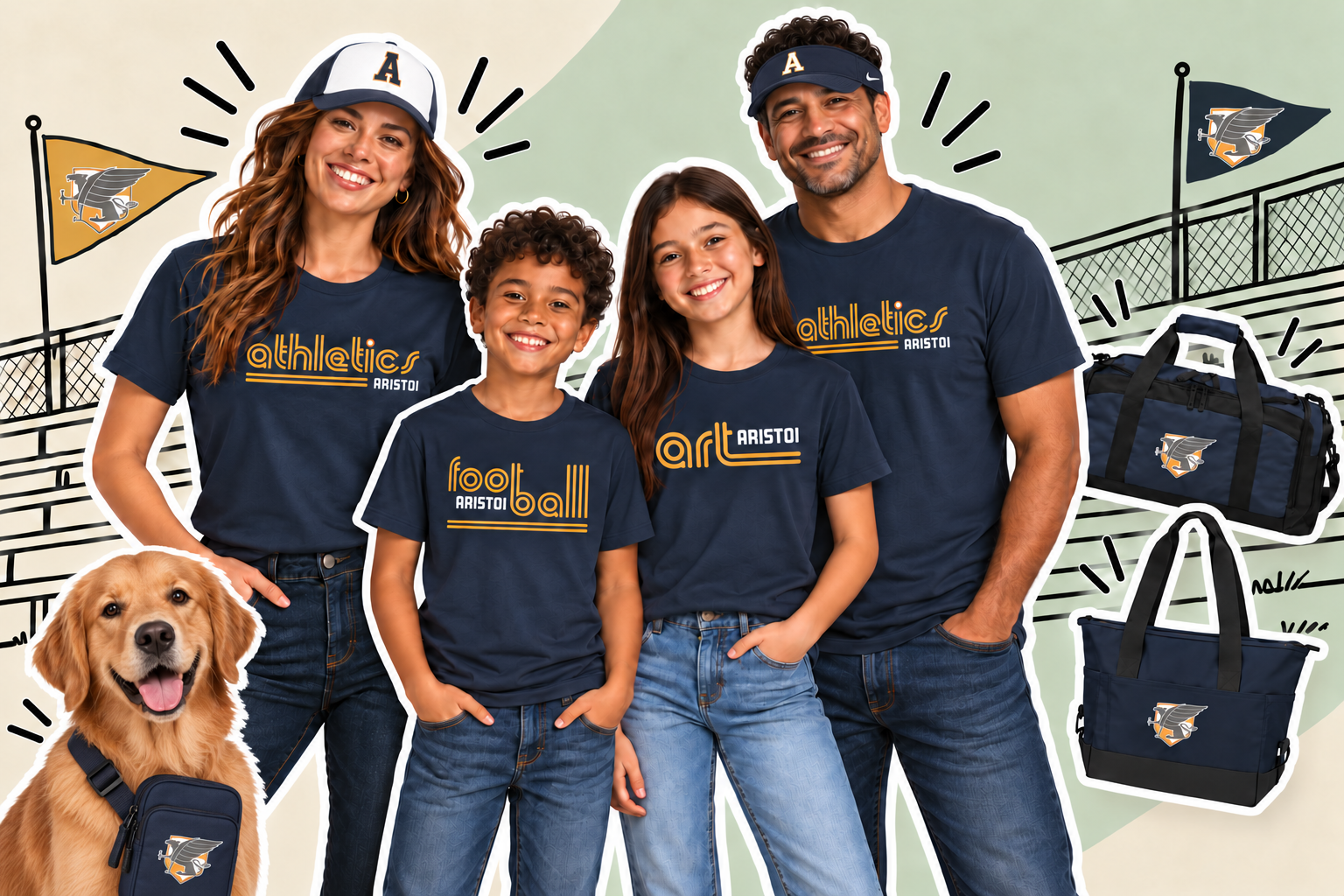 Mom in an Aristoi A cap, dad in an Aristoi visor, kids wearing Football and Art tees, and a golden retriever wearing the Aristoi crossbody bag